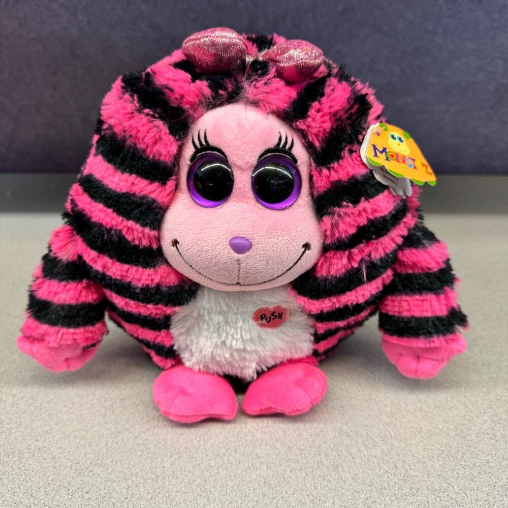 Ty Monstaz Zoey Plush Toy Pink Black Stripes 6" Tall Stuffed Animal Glitzy Bow